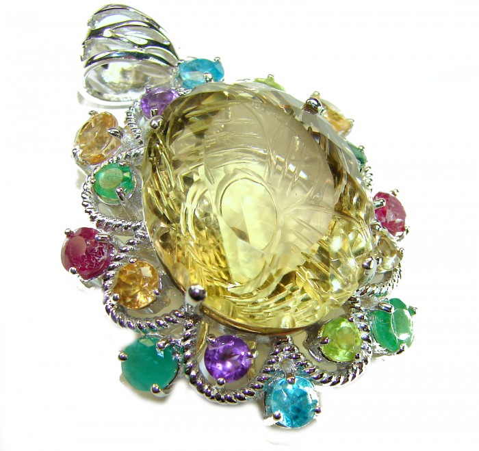 Luxury genuine 30.5 CARAT Champagne Topaz Peridot .925 Sterling Silver handmade Pendant - Close-up of multi-gem pendant with central champagne topaz.