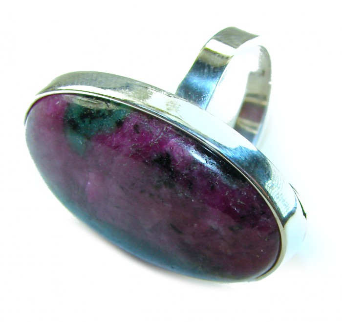Authentic Ruby in Zoisite .925 Sterling Silver handmade Cocktail Ring s. 8 adjustable - Close-up of Ruby in Zoisite ring in sterling silver, side view.