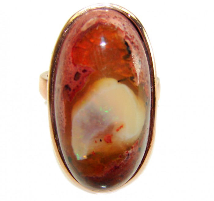 Queen of Fire best quality 25.4 carat Mexican Opal 18K Rose Gold over .925 Sterling Silver handmade ring 8 adjustable - Close-up of 25.4 carat Mexican Opal ring in 18K Rose Gold setting.