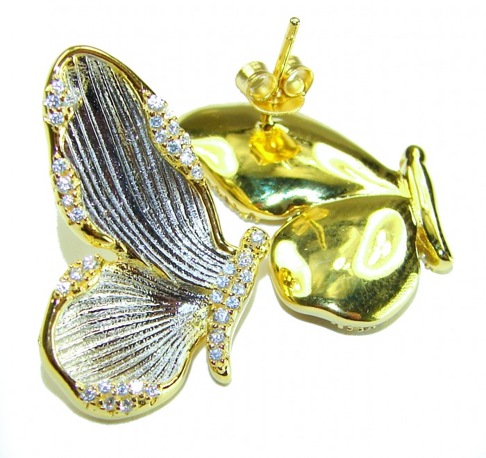 Golden Butterfly White Topaz highly polished 18K Gold over .925 Sterling Silver Italy made Earrings - Butterfly earrings close-up with white topaz, 18K gold over polished finish.