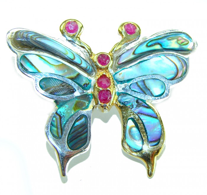 BUTTERFLY Natural Rainbow Abalone 10k GOLD OVER .925 Sterling Silver handmade Pendant - Butterfly brooch, front view, with rainbow abalone and pink stones.