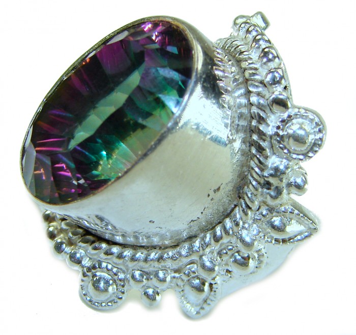 Big Dreamer 12.8 carat Mystic Topaz .925 Sterling Silver handcrafted Large ring size 6 - Close-up of Big Dreamer Mystic Topaz ring in .925 Sterling Silver.