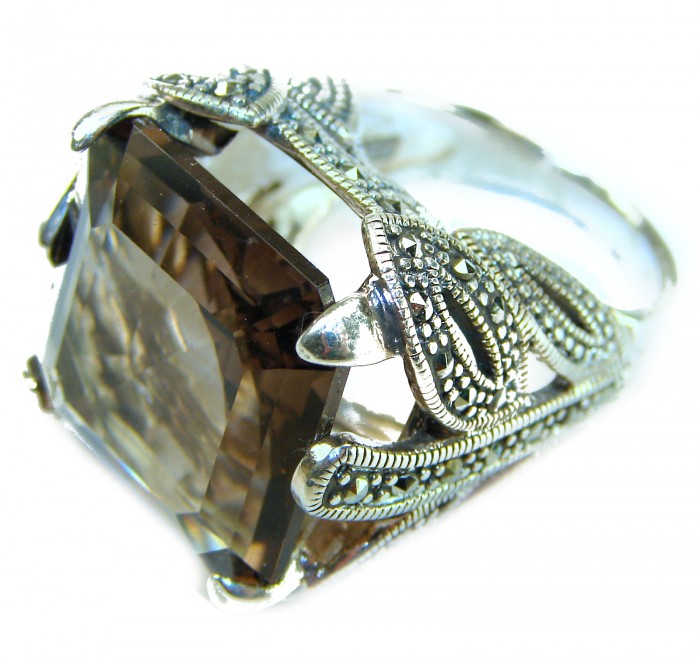 Celestial Energy 15.5 carat Champagne Smoky Topaz .925 Sterling Silver Oversized Ring size 7 1/4 - Close-up side view of 15.5 carat Champagne Smoky Topaz ring.