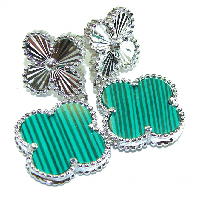 Outstanding inlay authentic Malachite Lucky Four Leaf Clover .925 Sterling Silver Earrings - Close-up of outstanding Malachite four-leaf clover earrings.