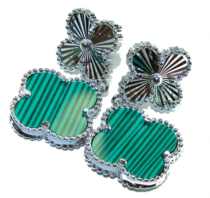 Outstanding inlay authentic Malachite Lucky Four Leaf Clover .925 Sterling Silver Earrings - Close-up of malachite clover earrings with striped inlay design.