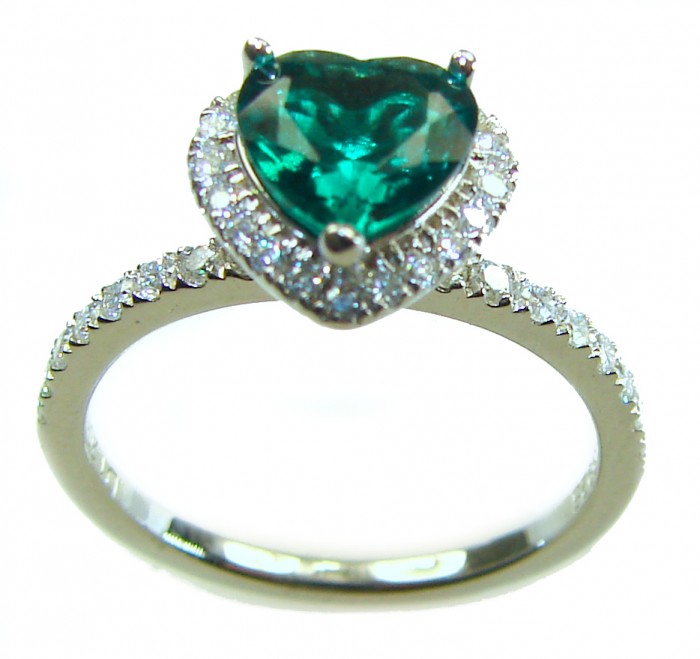Precious Heart 4.8 carat natural Colombian Emerald .925 Sterling Silver handmade Statement Ring size 7 1/4 - Heart emerald ring with diamond halo, front view