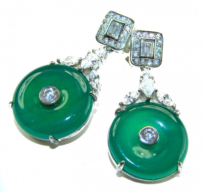 Very Unique authentic 12.5 carat Jade .925 Sterling Silver handcrafted earrings - Close-up of jade and sterling silver earrings with diamond accents.