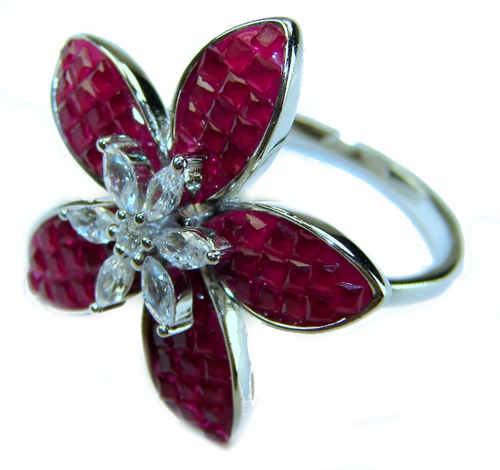 Real Beauty Natural mystery settinng 10.1 carat Ruby .925 Sterling Silver handmade Statement Ring size 7 - Close-up of ruby and diamond floral ring, side view.
