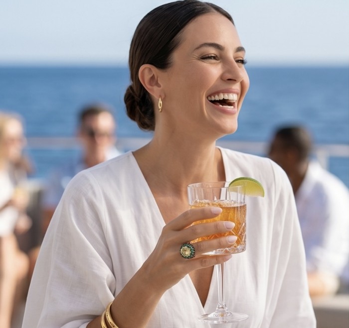 Tiffany - Natural 8.8 carat Brazilian Citrine .925 Sterling Silver dipped in black Rhodium 18K Gold handmade Statement Ring size 4 3/4 - Woman wearing Tiffany Citrine ring holding drink, ocean in background