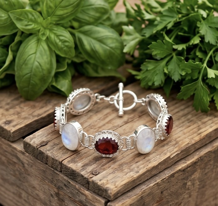 Top quality Genuine 105.8 carat Mountain Crystal .925 Sterling Silver handcrafted bracelet - Bracelet with red and white stones on wood, surrounded by herbs