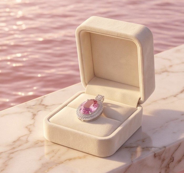 Incredible oval cut 18.8 carat Pink Sapphire .925 Sterling Silver handcrafted pendant - Pink sapphire pendant in box, side view, with pink water background