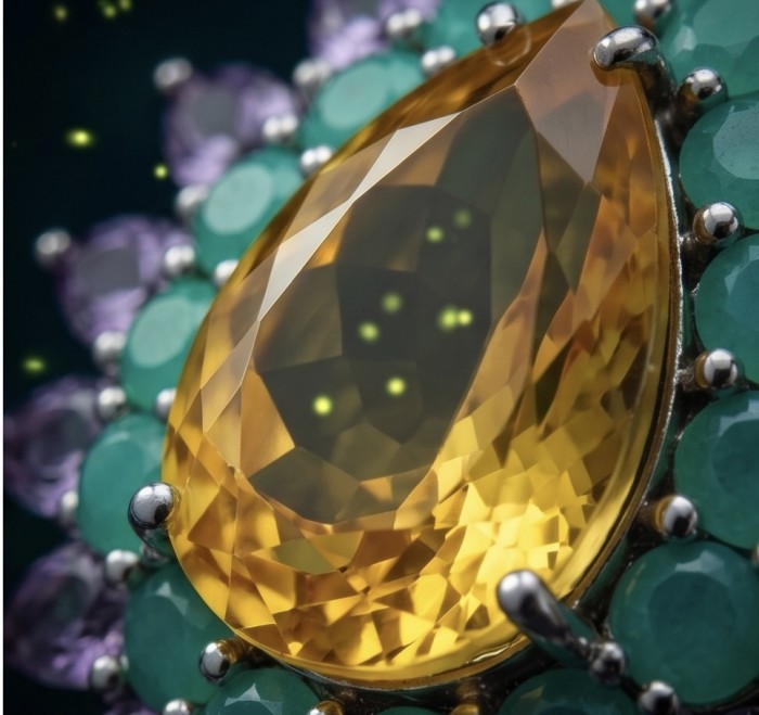 Grace 28.8 carat Citrine Colombian Emerald .925 Sterling Silver handcrafted Statement pendant - Stone close-up of citrine and emerald in sterling silver setting