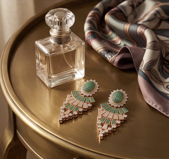 Authentic 4.7 carat Tsavorite Garnet 18K Rose Gold over .925 Sterling Silver handcrafted Statement earrings - Elegant 18K rose gold earrings and perfume on a round gold table.