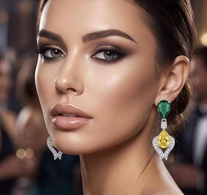6.8 carat pearl cut Topaz rhodium over .925 Sterling Silver Handcrafted Statement earrings - Woman wearing emerald and yellow topaz dangle earrings, close-up