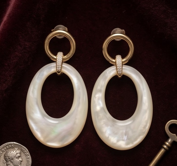 Genuine Blister Pearl 18K Gold over .925 Sterling Silver handcrafted Large Statement Earrings - Front view of genuine blister pearl earrings with gold sterling silver.