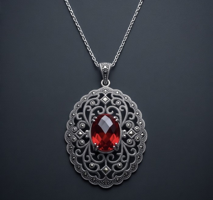 Vintage Style - Precious - Genuine 14.5 carat Ruby Marcasite Rhodium over .925 Sterling Silver handmade Pendant - Vintage style ruby pendant, front view, intricate silver design.