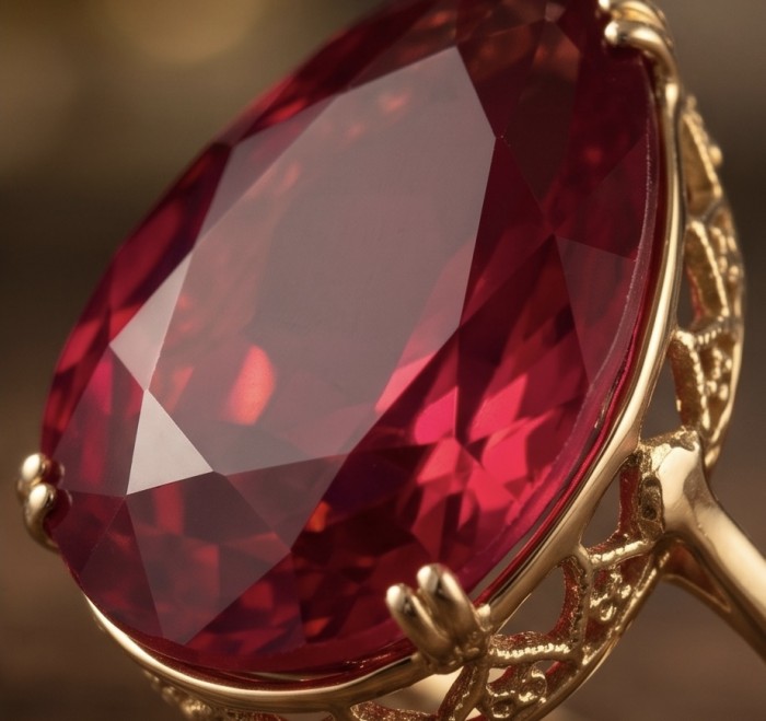 Carmen Natural 25.4 carat Ruby .925 Sterling Silver dipped in 22K Gold handmade Large Statement Ring size 6 1/4 - Close-up of Carmen 25.4 carat ruby in gold-toned setting.