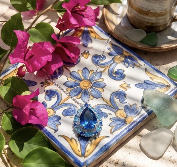 Vintage style 9.5 carat natural London Blue Topaz .925 Sterling Silver handcrafted necklace - Necklace with blue topaz on floral tile, top view with flowers.