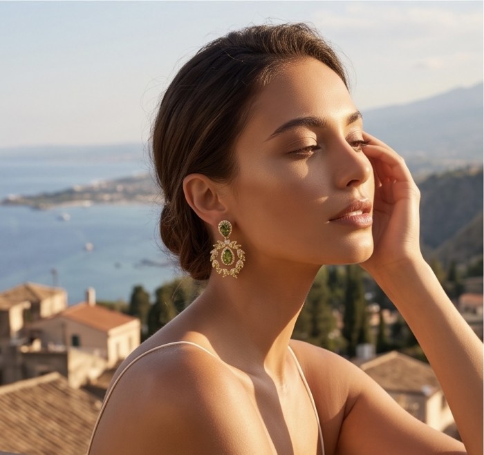 Serenade authentic 12.5 carat Brazilian Green Topaz 18K Gold over .925 Sterling Silver handcrafted Earrings - Woman wearing Serenade 12.5 carat Green Topaz 18K Gold earrings, side view.