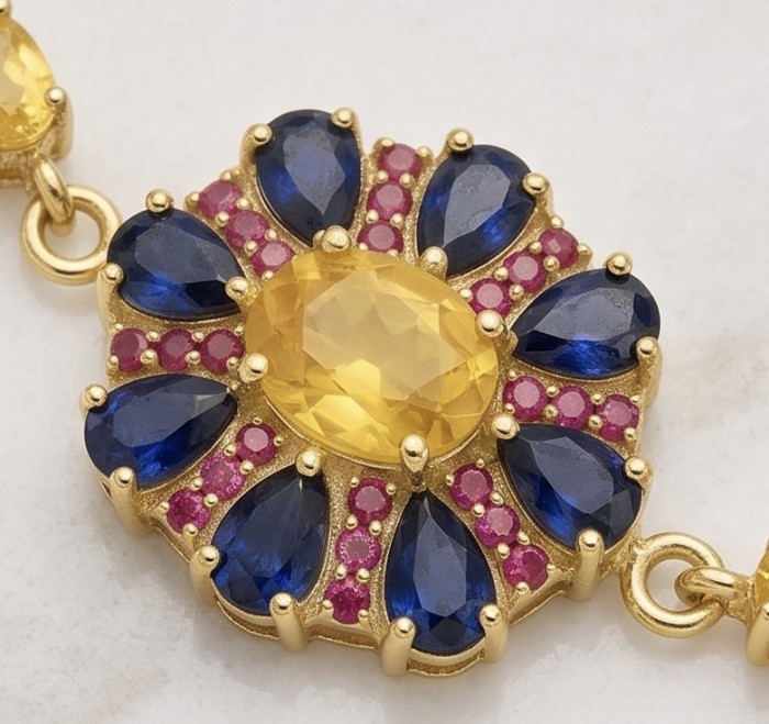 Luxurious 12.5 carat oval cut Yellow Sapphire 18K Gold over .925 Sterling Silver handcrafted Statement Bracelet - Close-up of luxurious yellow sapphire with blue and pink gemstones.