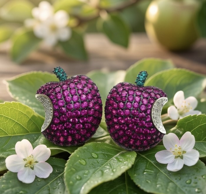 Apple - Authentic 5.5 CARAT natural pave Ruby .925 Sterling Silver dipped in rhodium handcrafted earrings - Ruby apple earrings on leaves with floral background, frontal view