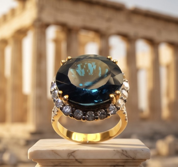 Atlantica rare round cut 17.9 carat authentic London Blue Topaz 22K Gold over .925 Sterling Silver Handcrafted Ring size 7 1/2 - Close-up of Atlantica ring with large London Blue topaz and diamonds