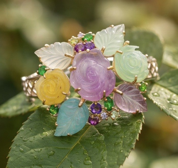 Blooming Garden - Authentic 4.9 carat Brazilian Citrine Amethyst .925 Sterling Silver dipped in rhodium handcrafted Bracelet - Stone close-up of Blooming Garden Brazilian Citrine Amet ring.