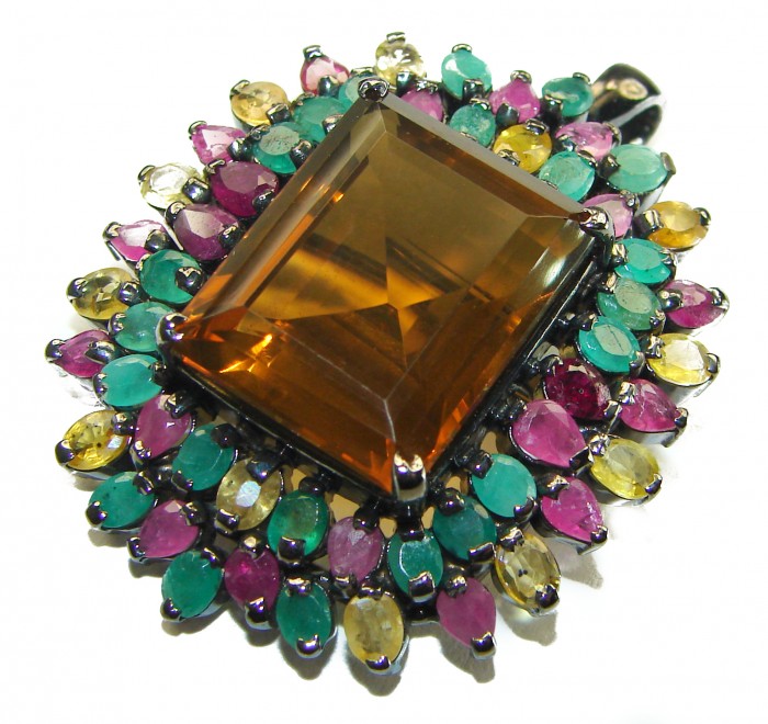 Luxurious 48.5 carat Fancy Smoky Topaz Multicolored Sapphire black rhodium over .925 Sterling Silver handmade Large Pendant - Brooch - photo 4