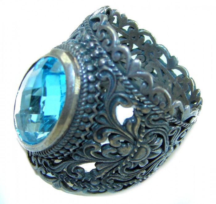Vintage Style Blue Beauty 11.5 carat Blue Swiss Topaz .925 Sterling Silver handcrafted Ring size 7 3/4 - photo 1