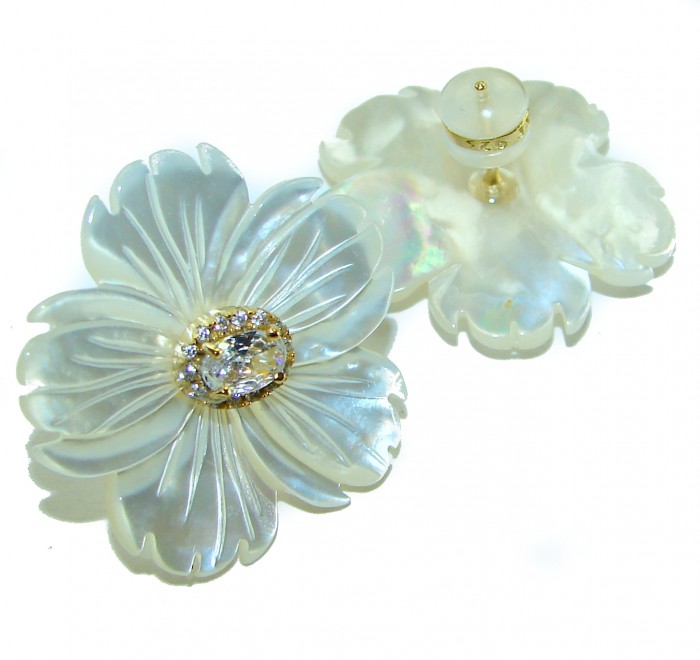 Genuine Blister Pearl 0.2 carat lab grown Diamond 18K Gold over .925 Sterling Silver handcrafted Statement Earrings - photo 2