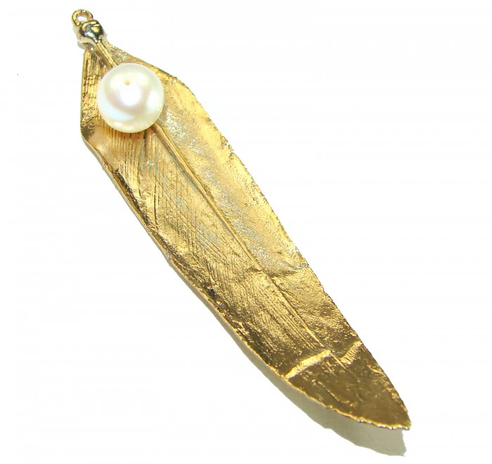 Stylish REAL Leaf dipped in Sterling Silver and 14K Pearl & .925 Sterling Silver Pendant - photo 1