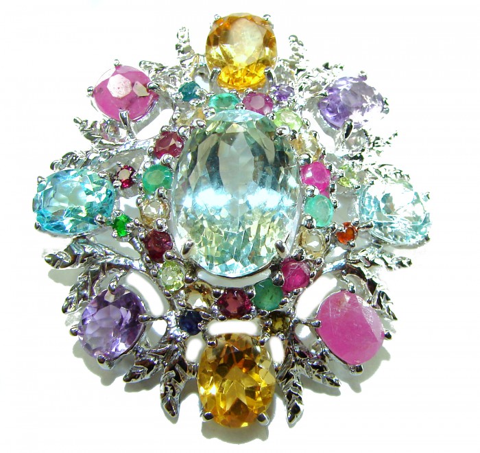 Blooming Garden Brooch - Authentic 55.5 carat Multigem 18K White Gold over .925 Sterling Silver handcrafted Pendant - Blooming Garden Brooch displaying vibrant multicolored gemstones.