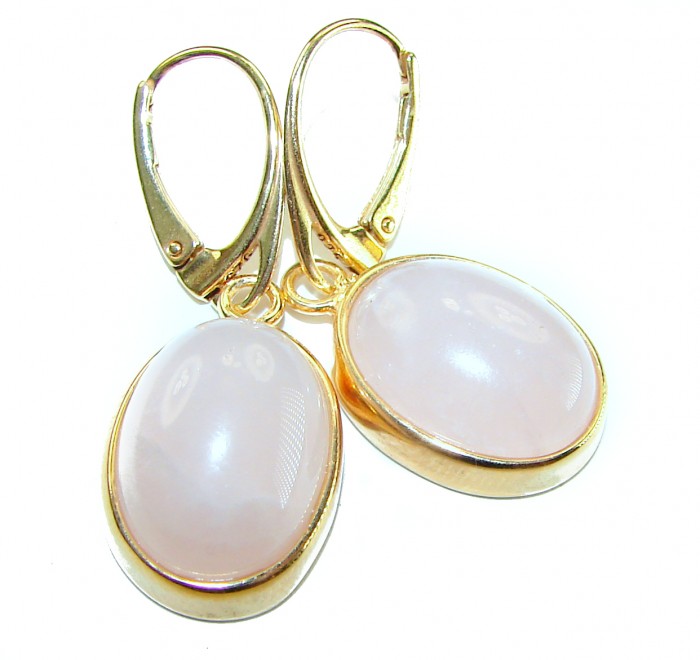 authentic 10.2 carat Rose Quartz 14K Gold over .925 Silver handcrafted Statement earrings - Rose Quartz earrings in 14K gold over silver, front view close-up.