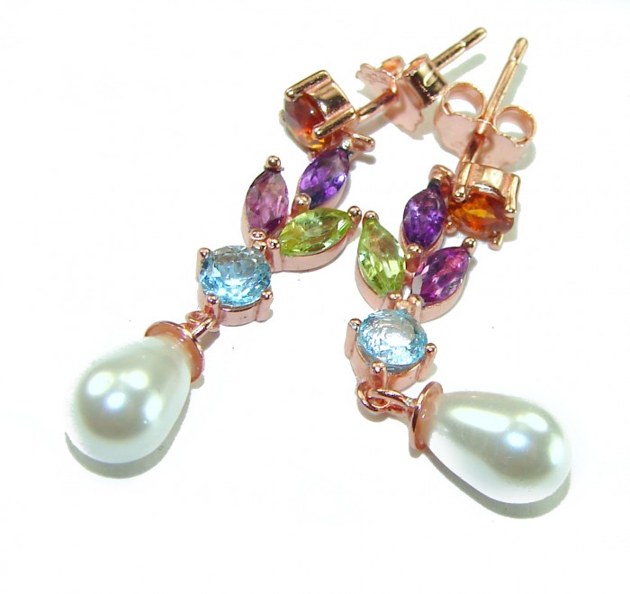 Genuine Pearl Multigem 18K Gold over .925 Sterling Silver handcrafted Statement Earrings - Dangling earrings with pearls and multicolored gemstones, top view.