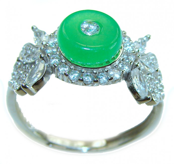 Good Fortune - Vintage Style 4.9 carat Jade .925 Sterling Silver handmade Cocktail Ring s. 7 adjustable - Side view of vintage style jade and sterling silver ring.
