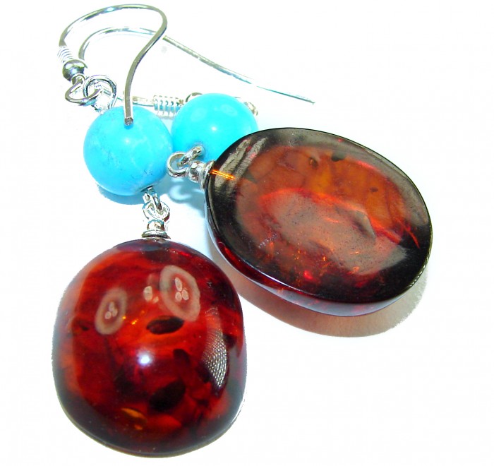 Golden Honey Drops authentic Baltic Amber .925 Sterling Silver earrings - Close-up of Baltic amber and turquoise drop earrings on white background.