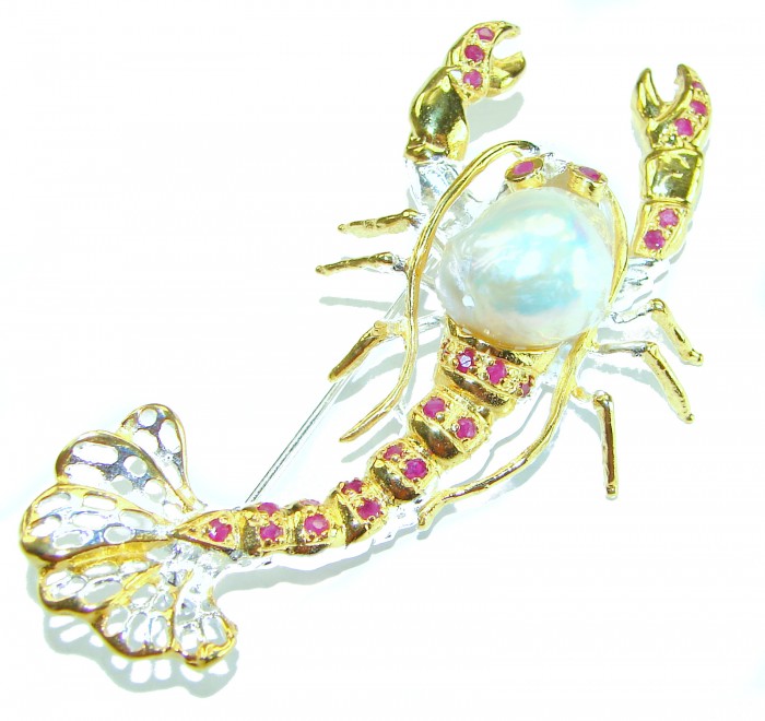 Precious Crayfish Natural Mother of Pearl Ruby 18K Gold over .925 Sterling Silver handmade Pendant Brooch - Crayfish brooch with pearl and rubies in gold, top view.