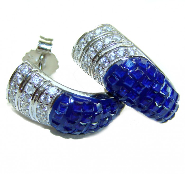 Blue Royalty 7.2 carat Sapphire .925 Sterling Silver .925 Sterling Silver Statement earrings - Close-up of sapphire sterling silver earrings with diamond accents