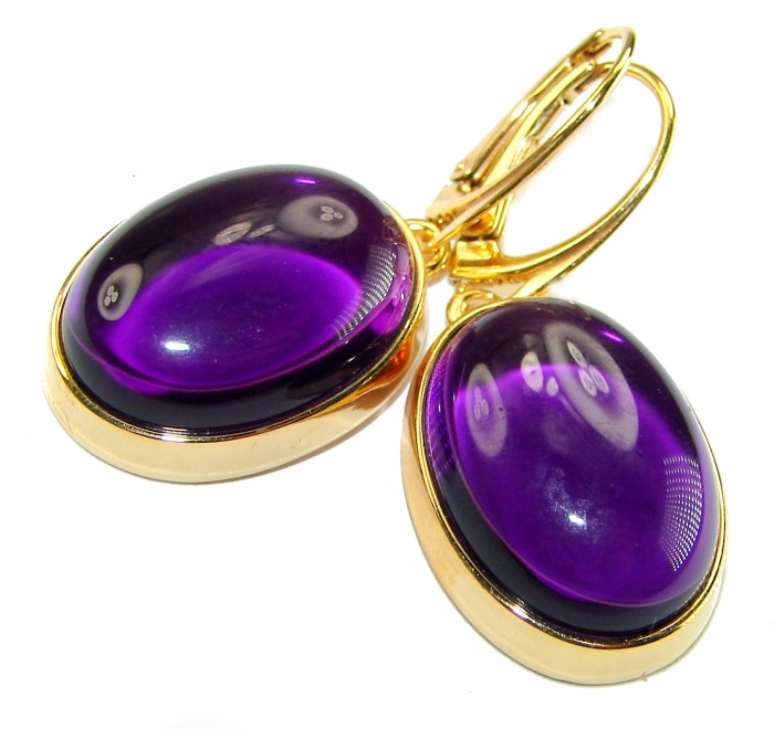 Lavender Beauty authentic 10.2 carat Amethyst 14K Gold over .925 Sterling Silver handcrafted earrings - Close-up of purple amethyst earrings set in 14K gold