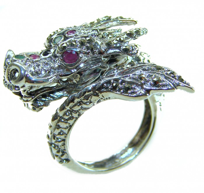 Reclaim your Power Authentic Marcasite .925 Sterling Silver Handcrafted Large Ring size 7 - Side view of dragon-head sterling silver ring with marcasite details.