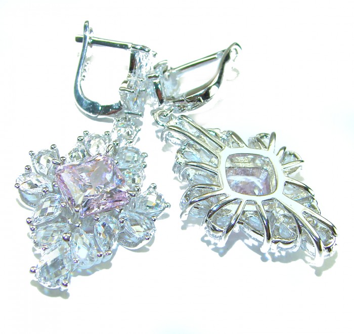 Isabella - Light Pastel 14.9 carat Kunzite .925 Sterling Silver handcrafted earrings - Close-up of Isabella earrings, kunzite stones, silver setting.