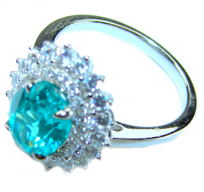 Eau Pure 6.5 carat Paraiba Tourmaline .925 Sterling Silver Handcrafted Ring size 6 1/4 - Close-up of a Paraiba Tourmaline ring with halo in sterling silver.