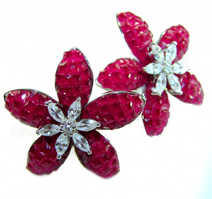 Magnificent Jewel 21.5 carat Ruby .925 Sterling Silver handcrafted incredible earrings - Close-up of Magnificent Jewel ruby and sterling silver floral earrings
