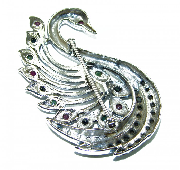 Perfect Swan Ruby 18K Gold over .925 Sterling Silver handmade Pendant Brooch - Back view of swan brooch showing clasp detail and gemstone accents.