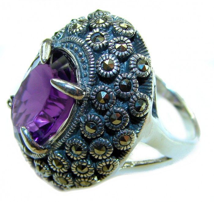 Purple Odyssey 20.5 carat Purple Amethyst .925 Sterling Silver Handcrafted Ring size 7 - Close-up of Purple Odyssey ring with amethyst and ornate metalwork.