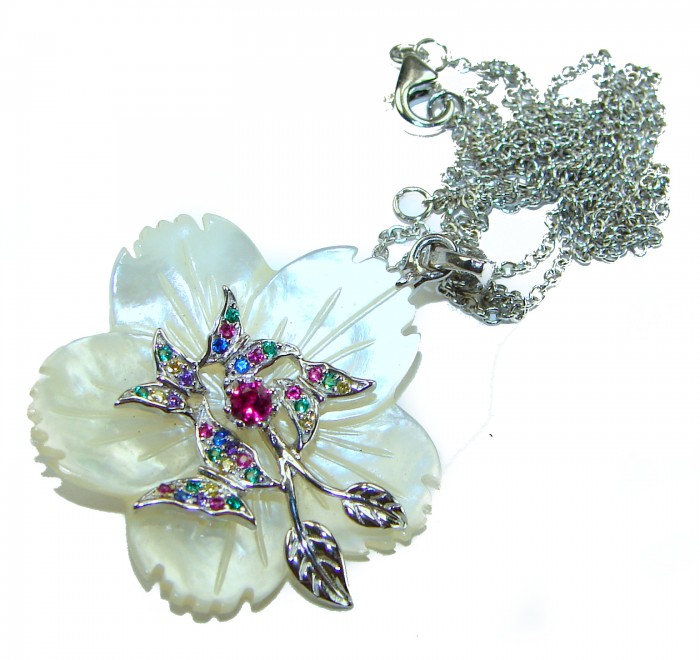 Precious White Flowers Blister Pearl .925 Sterling Silver Necklace - Close-up of floral gemstone pendant with chain detailing.
