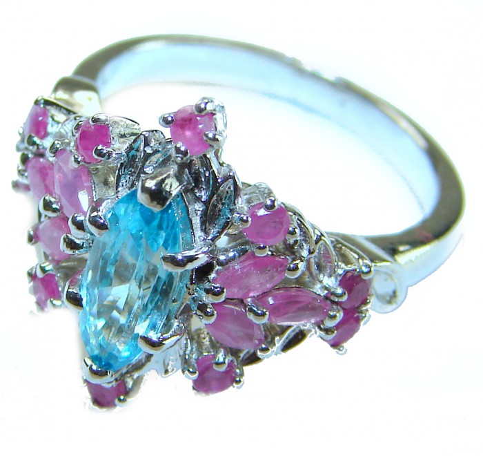 Emily 8.5 carat Swiss Aquamarine Ruby .925 Sterling Silver handmade Statement Ring size 7 - Side view of Emily ring with aquamarine and ruby stones in silver setting.