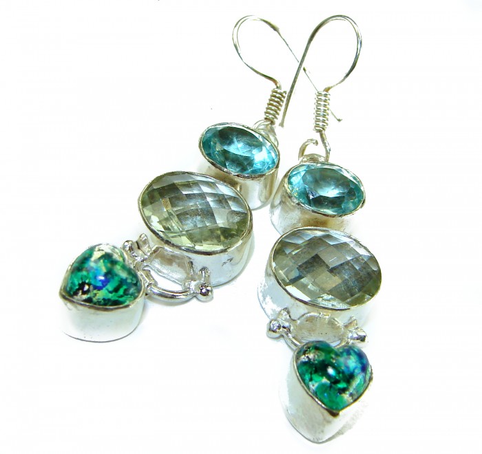 Pastel World Authentic 18.5 carat Brazilian Citrine Green Amethyst .925 Sterling Silver brilliantly handcrafted Statement earrings - Citrine and green gemstone earrings close-up on white background.
