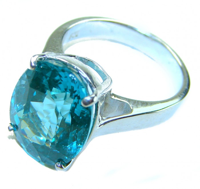 Wonderland 10.1 carat Paraiba Tourmaline .925 Sterling Silver Handcrafted Ring size 6 3/4 - Side view of Paraiba Tourmaline ring in .925 sterling silver