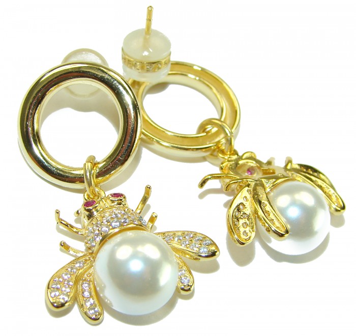 Precious Bees Genuine Pearl 14K Gold Gold over .925 Sterling Silver handcrafted Statement Earrings - Gold bee earrings with pearls, front view, detailed design.